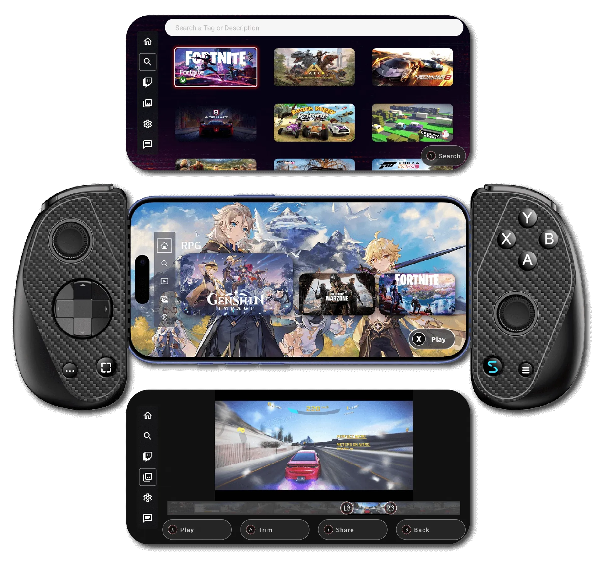 Serafim Console app with game list, gameplay recording, and the live streaming feature