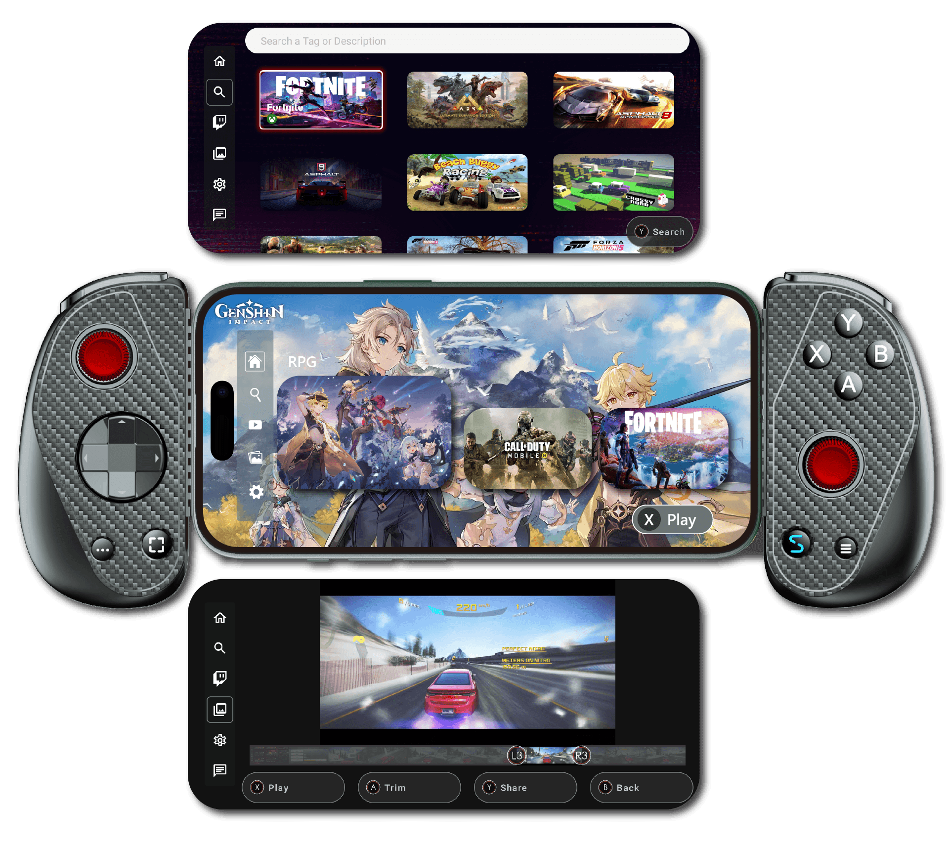 Serafim Console app with game list, gameplay recording, and the live streaming feature
